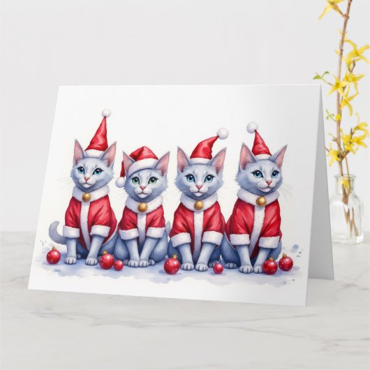 Russian Blue Cat Christmas Dress Santa Hat カード (黄色い花)
