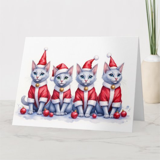 Russian Blue Cat Christmas Dress Santa Hat カード (正面)