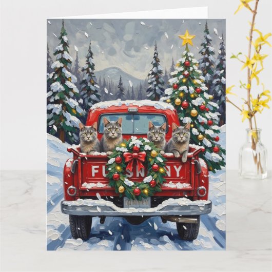 Russian Blue Cat Christmas Red Truck Holiday カード (黄色い花)