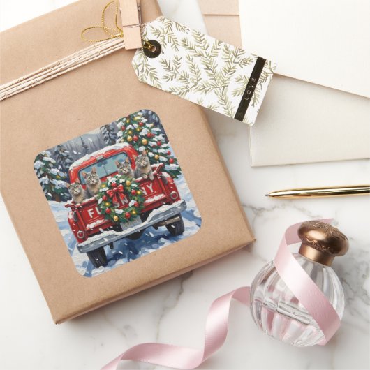 Russian Blue Cat Christmas Red Truck Holiday スクエアシール (ギフト)