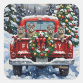 Russian Blue Cat Christmas Red Truck Holiday スクエアシール (正面)