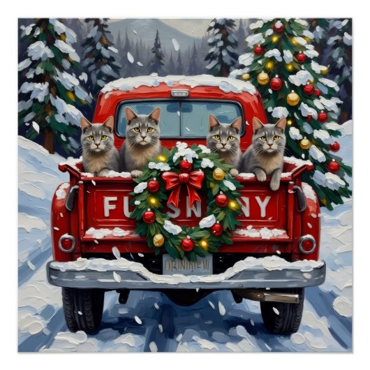 Russian Blue Cat Christmas Red Truck Holiday ポスター (正面)