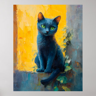 Russian Blue Cat in Golden Light – Peaceful Ledge ポスター