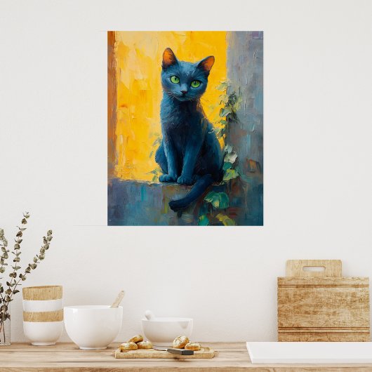 Russian Blue Cat in Golden Light – Peaceful Ledge  ポスター (キッチン)