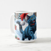 Russian Blue Cat Running Snow with Christmas Hat コーヒーマグカップ (正面左)