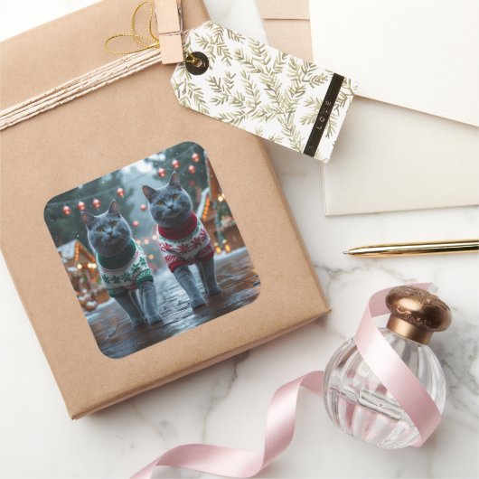 Russian Blue Cats Christmas Snow Holiday  スクエアシール (ギフト)
