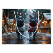 Russian Blue Cats Christmas Snow Holiday  ラージペーパーバッグ (裏面)