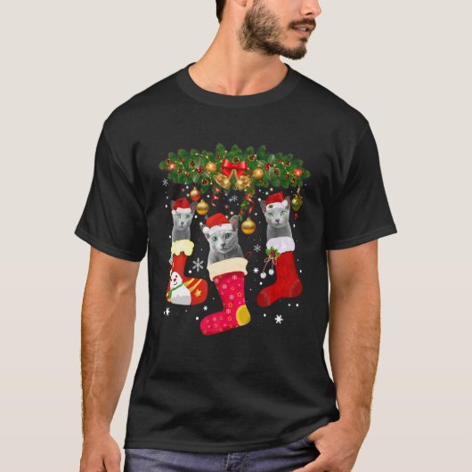 Russian Blue Cats In Christmas Sock Funny Russian Tシャツ (正面)