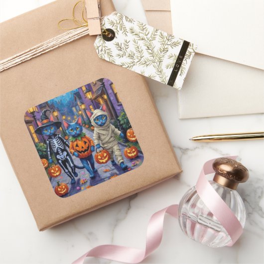 Russian Blue Cats in Halloween Costumes スクエアシール (ギフト)