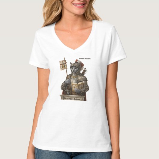 Russian Blue Conquistador Cat – Honor & Legacy Tシャツ (正面)
