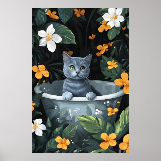 Russian Blue In Bathtub Poster, Funny Cat Poster ポスター (正面)