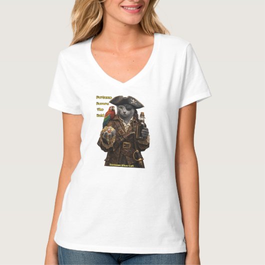 Russian Blue Pirate Cat – Fortune Favors The Bold Tシャツ (正面)