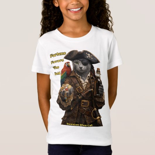 Russian Blue Pirate Cat – Fortune Favors The Bold Tシャツ (正面)