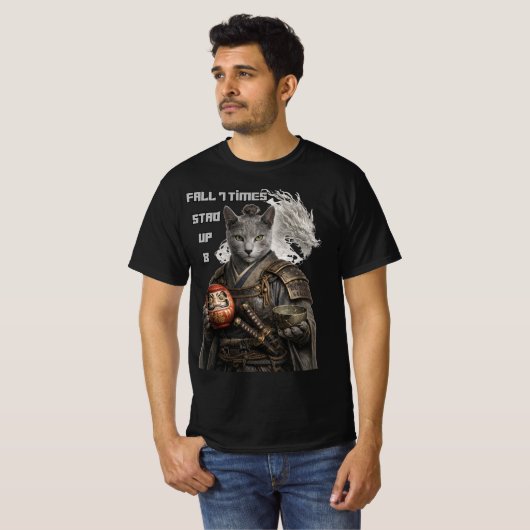 Russian Blue Samurai Cat Tシャツ (正面フル)