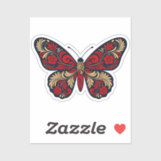 Russian Folk Art Butterfly Sticker - Red Gold Khok シール