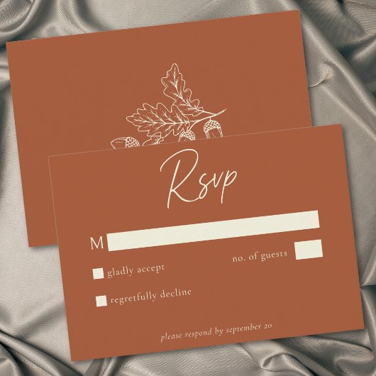 Rustテラコッタミニマリストリーフどんぐり秋の結婚式 出欠カード