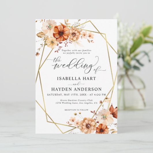 Rust Beigeフローラ金ゴールド結婚フレーム 招待状 (スタンド正面)