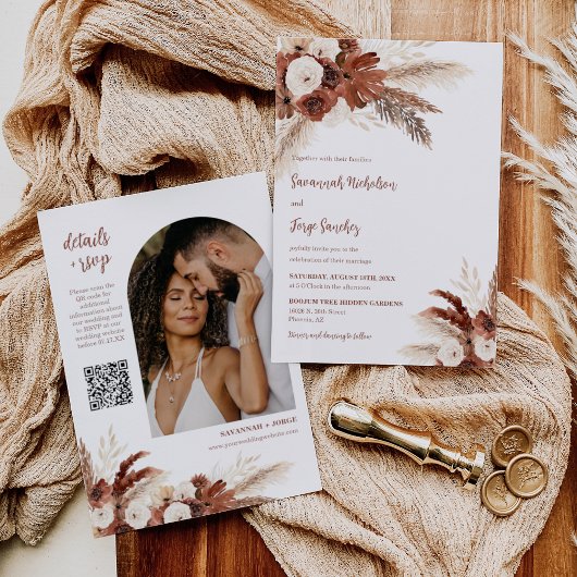 Rust Boho Pampas Grass Arch Photo QR Code 結婚's 招待状