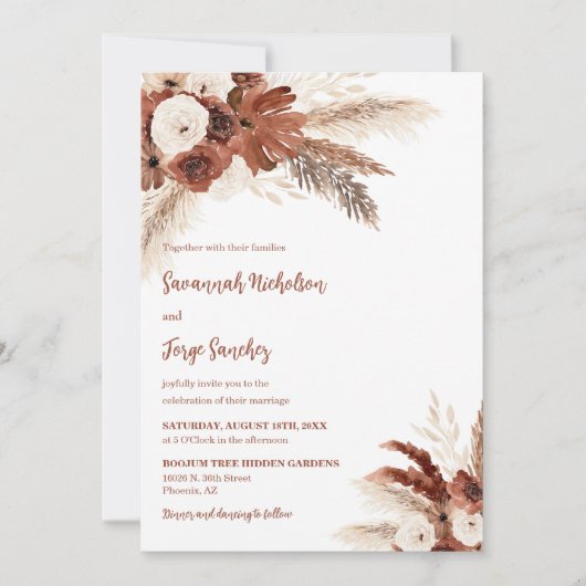 Rust Boho Pampas Grass Arch Photo QR Code 結婚's 招待状 (正面)