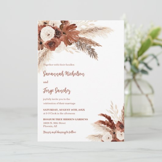 Rust Boho Pampas Grass Arch Photo QR Code 結婚's 招待状 (スタンド正面)