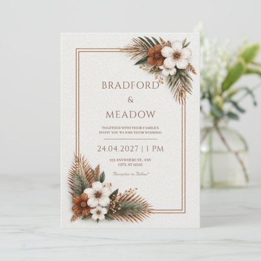 Rust Bronzed Palm Earthy Botanical Frame Wedding 招待状 (スタンド正面)