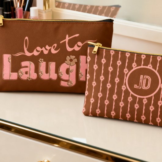 Rust Brown & Peach Large Text With Flowers アクセサリーポーチ