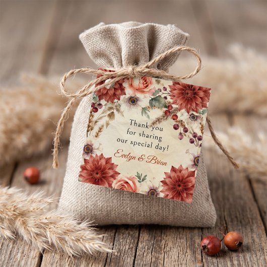 Rust Burgundy 花柄 ボヘミアン 秋の結婚式 ありがとう フェイバータグ
