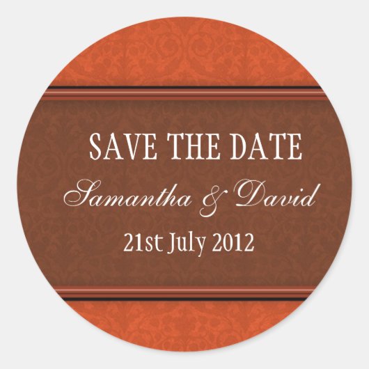 Rust Damask Monogramのステッ結婚カー ラウンドシール (正面)