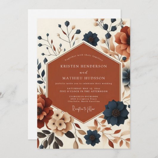 Rust Floral Autumn Harvest Wedding 招待状 (正面/裏面)