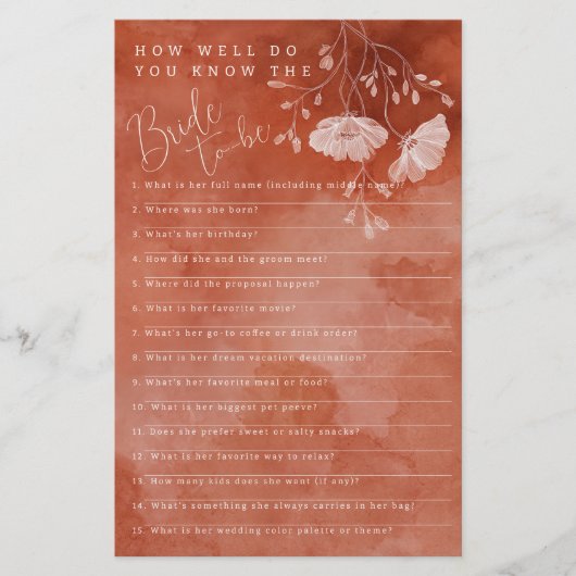 Rust Floral Bridal Shower Game Card (正面)