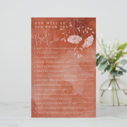 Rust Floral Bridal Shower Game Card (スタンド正面)