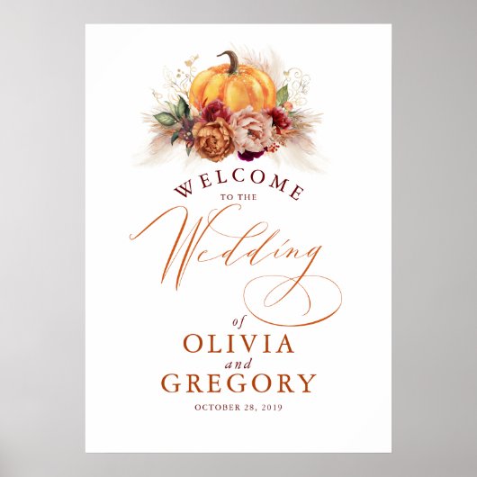 Rust Flowers and Pumpkins Wedding Welcome Poster ポスター (正面)