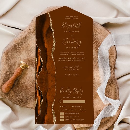 Rust Gold Agate ナツメグブラウン食事オプション ウェディング オールインワン招待状