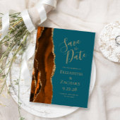 Rust Gold Agate Teal Blue QRコード付き結婚式招待状 案内ポストカード