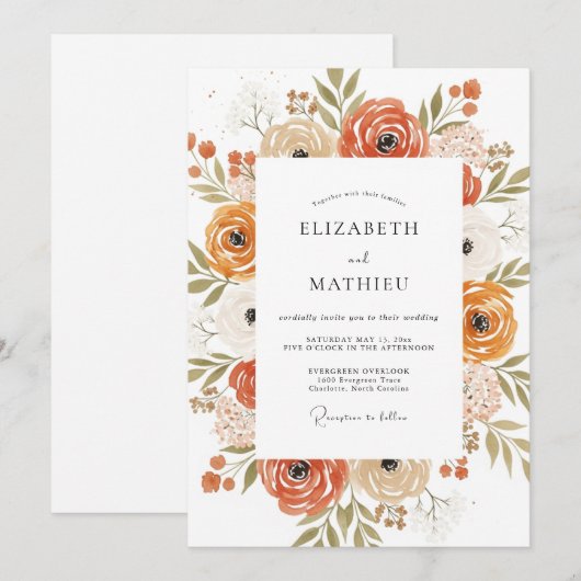 Rust Moody Botanical Autumn Wedding 招待状 (正面/裏面)