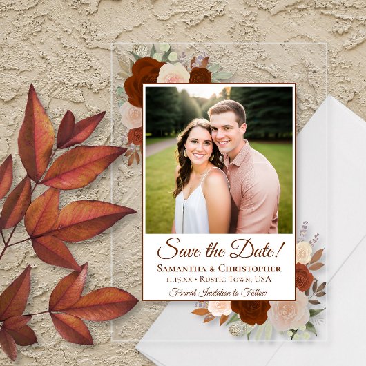 Rust Orangeの秋のバラの結婚式Save the Date 写真 アクリル招待状