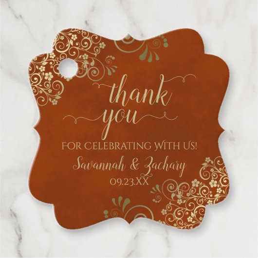Rust Orange & エレガント金ゴールドカール結婚ズ・サンキュー フェイバータグ (正面)