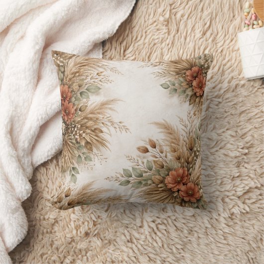 Rust Orange Boho Pampas Harvest Bouquet クッション (ブランケット)