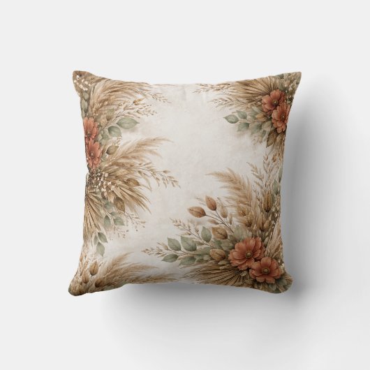 Rust Orange Boho Pampas Harvest Bouquet クッション (裏面)