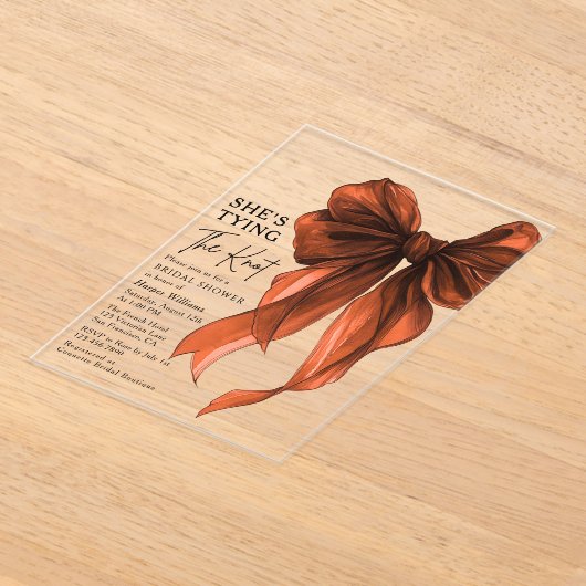 Rust Orange Bow She's Tying The Knot Bridal Shower アクリル招待状 (レイダウン)