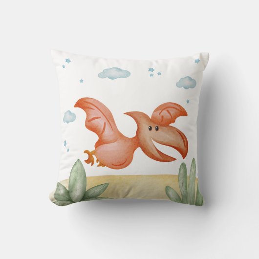 Rust Orange Dinosaur Nursery Pillow Cute Pterodact クッション (正面)