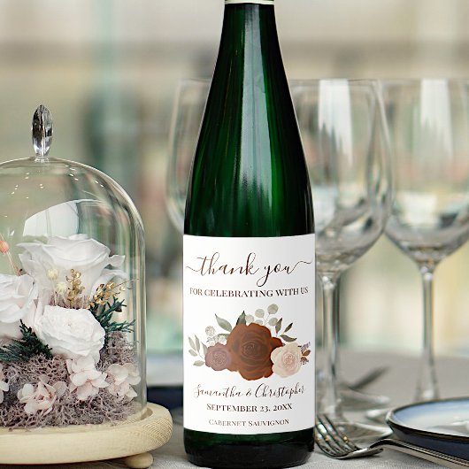 Rust Orange Fall Floral Elegant Wedding Thank You ワインラベル