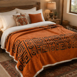 Rust Orange Geometric Greek Key Tribal Black Aztec シェルパブランケット