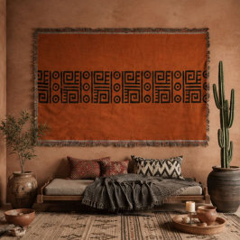Rust Orange Geometric Greek Key Tribal Black Aztec スローブランケット
