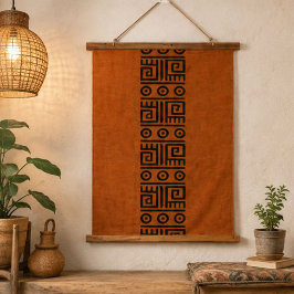 Rust Orange Geometric Greek Key Tribal Black Aztec 吊り下げ型タペストリー