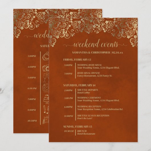 Rust Orange & Gold 高級感ある結婚式イベント&タイムライン プログラム (正面/裏面)