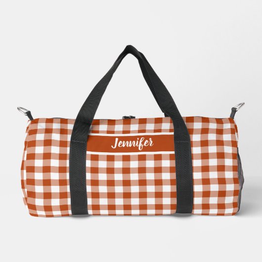 Rust Red Plaid Gingham Personalized ダッフルバッグ (正面)