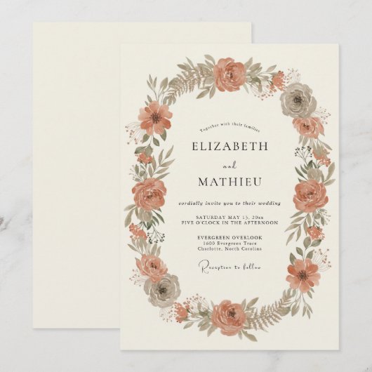 Rust Resplendent Botanical Wedding 招待状 (正面/裏面)