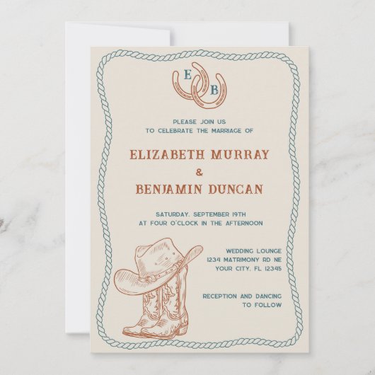 Rust Teal Western Horseshoe Monogram Wedding 招待状 (正面)