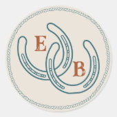 Rust Teal Western Horseshoe Wedding Monogram ラウンドシール (正面)